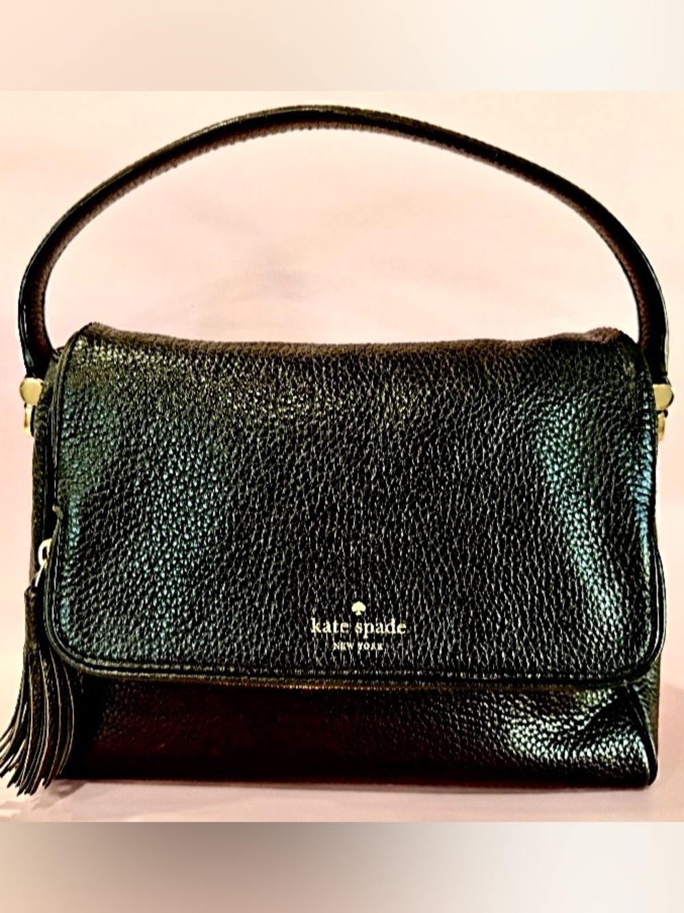 kate spade Black Pebbled Leather Shoulder Bag with Tassel Accent